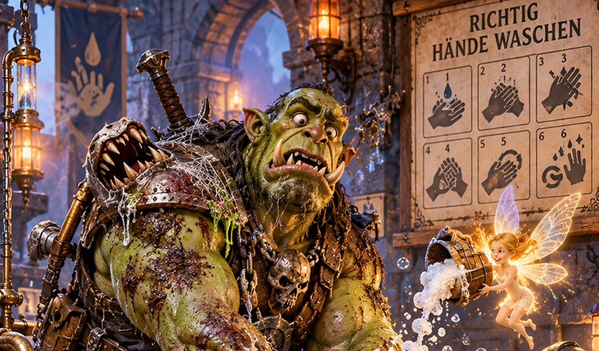 Absurd-fotorealistische Fantasy-Szene in einem mittelalterlichen Waschbereich: Ein massiver Ork-Abenteurer steht schwer verdreckt vor einer übertrieben komplizierten Hygienestation.
