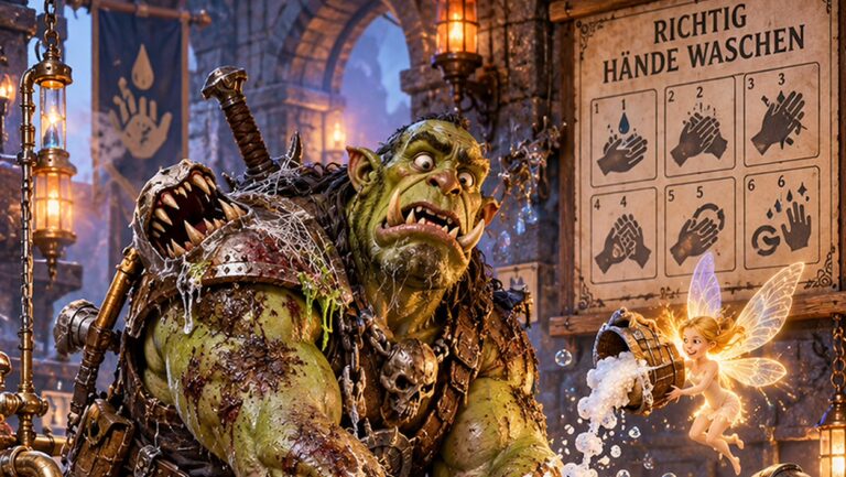 Absurd-fotorealistische Fantasy-Szene in einem mittelalterlichen Waschbereich: Ein massiver Ork-Abenteurer steht schwer verdreckt vor einer übertrieben komplizierten Hygienestation.