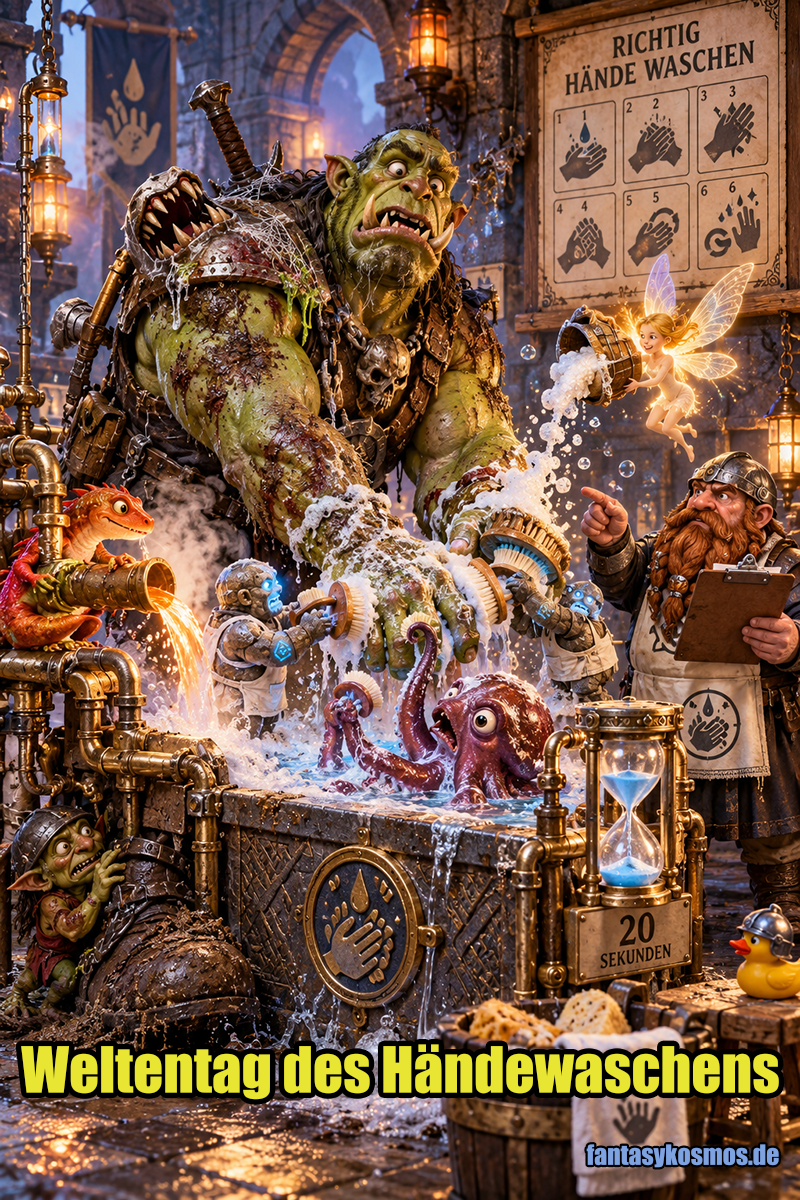 Absurd-fotorealistische Fantasy-Szene in einem mittelalterlichen Waschbereich: Ein massiver Ork-Abenteurer steht schwer verdreckt vor einer übertrieben komplizierten Hygienestation. Seine Hände werden von magischen Bürsten, einem kleinen Oktopus, schäumenden Feen und einer dampfenden Reinigungsapparatur bearbeitet. Ein strenger Zwergen-Hygienebeauftragter kontrolliert das Ganze mit Klemmbrett und ernstem Blick. Über der Szene hängt eine Sanduhr für die Waschzeit, während der Ork aussieht, als sei Händewaschen die schlimmste Prüfung seines ganzen Abenteuers.