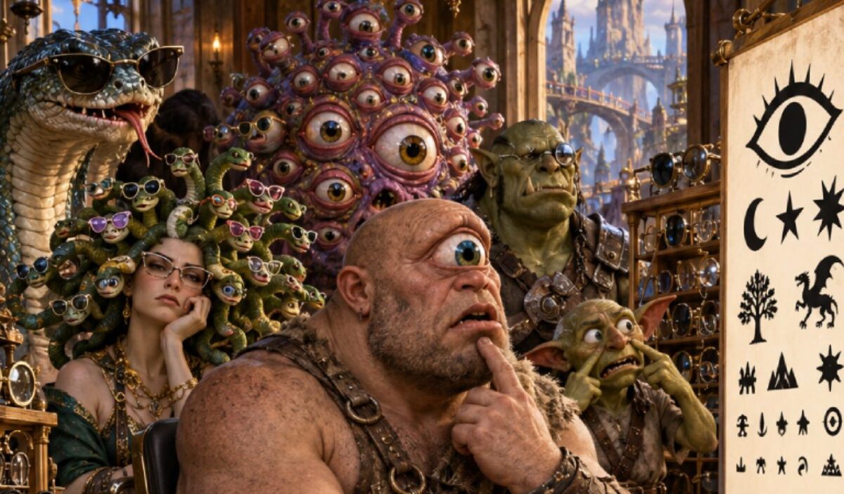 Ein erschöpfter Zwergen-Augenarzt sitzt an seinem Untersuchungsgerät und testet gerade das Sehvermögen eines Zyklopen mit einem einzigen riesigen Auge. Im Hintergrund wartet eine chaotische Schlange ungewöhnlicher Patienten: eine Medusa, deren Schlangen verschiedene Brillen tragen, ein Basilisk mit dunkler Sonnenbrille, ein vieläugiges Monster, ein Ork mit Sehhilfe und ein schielender Goblin. An der Wand hängt eine Sehprobentafel mit Fantasy-Symbolen statt normaler Buchstaben.
