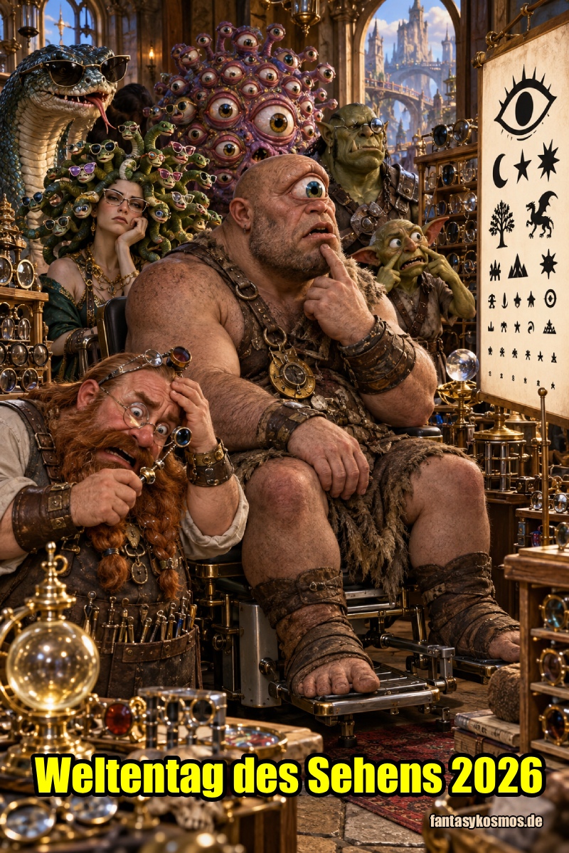 Absurd-fotorealistische Fantasy-Szene in einer überfüllten augenärztlichen Praxis: Ein erschöpfter Zwergen-Augenarzt sitzt an seinem Untersuchungsgerät und testet gerade das Sehvermögen eines Zyklopen mit einem einzigen riesigen Auge. Im Hintergrund wartet eine chaotische Schlange ungewöhnlicher Patienten: eine Medusa, deren Schlangen verschiedene Brillen tragen, ein Basilisk mit dunkler Sonnenbrille, ein vieläugiges Monster, ein Ork mit Sehhilfe und ein schielender Goblin. An der Wand hängt eine Sehprobentafel mit Fantasy-Symbolen statt normaler Buchstaben.