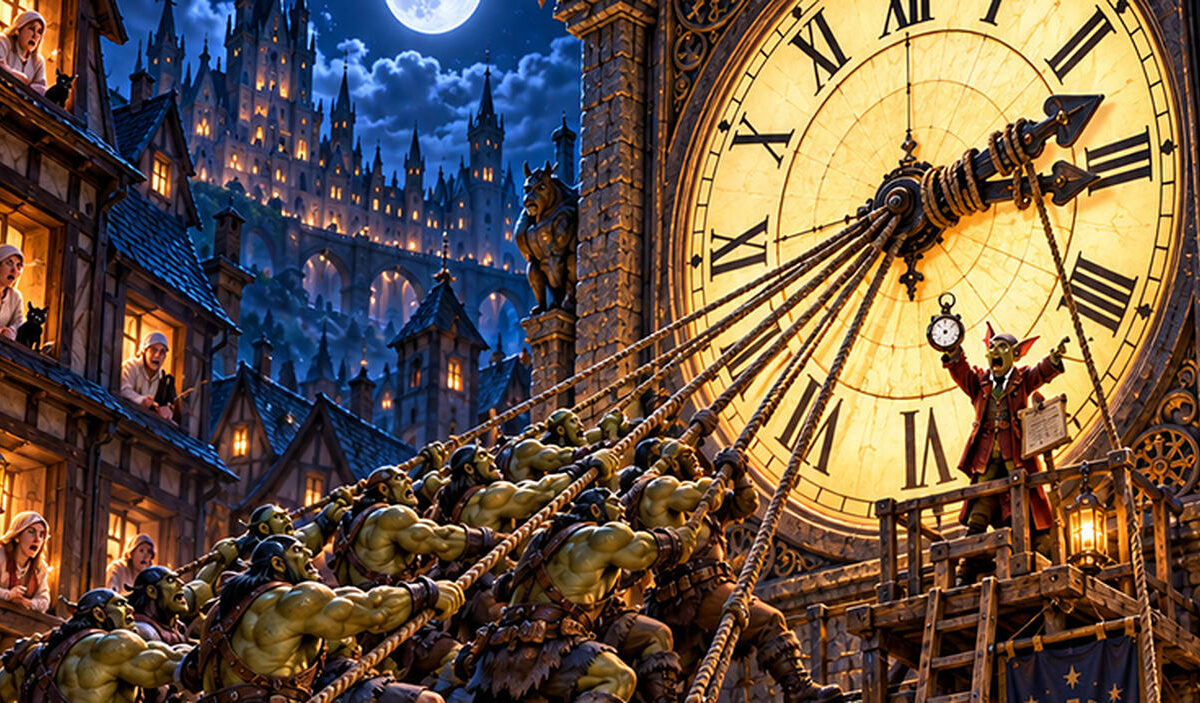 Absurd-fotorealistische Fantasy-Szene zur Zeitumstellung: Auf einem nächtlichen Marktplatz ziehen zahlreiche muskelbepackte Orks mit Seilen an den Zeigern einer riesigen Turmuhr, um sie von drei auf zwei Uhr zurückzustellen.