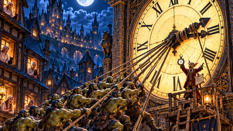 Absurd-fotorealistische Fantasy-Szene zur Zeitumstellung: Auf einem nächtlichen Marktplatz ziehen zahlreiche muskelbepackte Orks mit Seilen an den Zeigern einer riesigen Turmuhr, um sie von drei auf zwei Uhr zurückzustellen.
