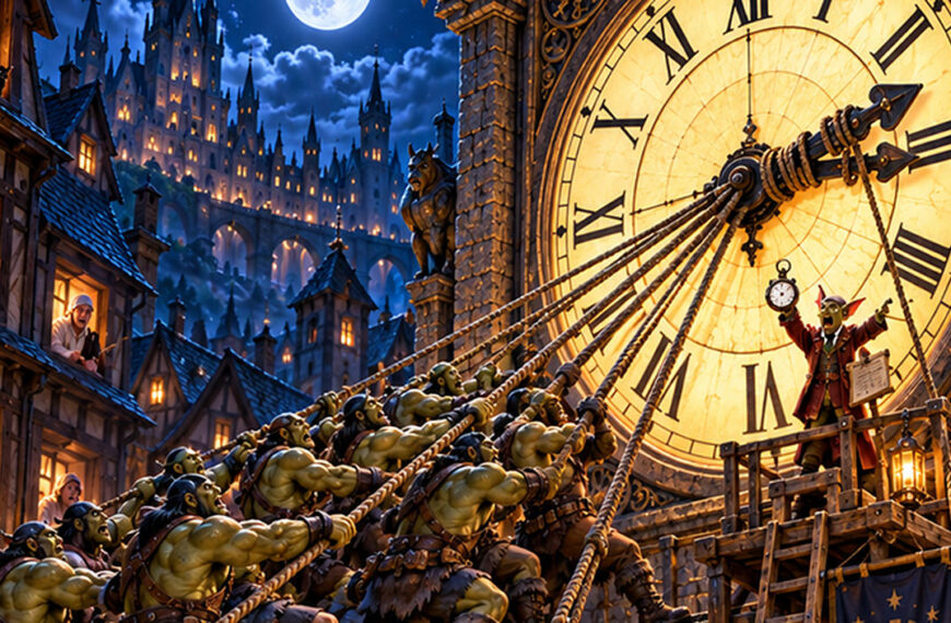 Absurd-fotorealistische Fantasy-Szene zur Zeitumstellung: Auf einem nächtlichen Marktplatz ziehen zahlreiche muskelbepackte Orks mit Seilen an den Zeigern einer riesigen Turmuhr, um sie von drei auf zwei Uhr zurückzustellen.
