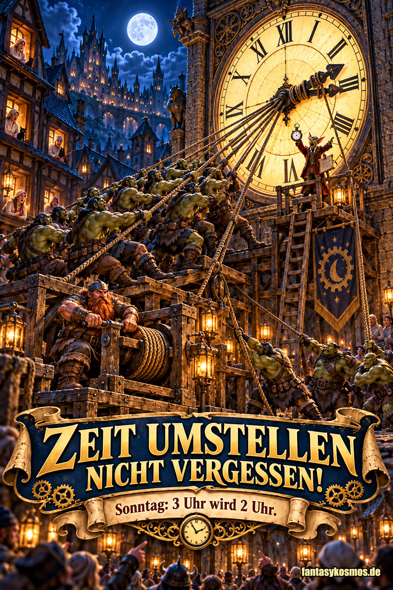 Absurd-fotorealistische Fantasy-Szene zur Zeitumstellung: Auf einem nächtlichen Marktplatz ziehen zahlreiche muskelbepackte Orks mit Seilen an den Zeigern einer riesigen Turmuhr, um sie von drei auf zwei Uhr zurückzustellen. Ein wichtigtuerischer Goblin mit Taschenuhr dirigiert die Aktion von einem Gerüst aus, während ein Zwerg an einer gewaltigen Seilwinde kurbelt. Bewohner beobachten das Chaos aus Fenstern und von der Straße.