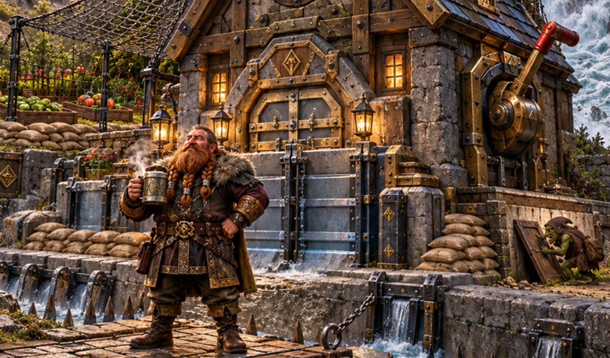 Absurd-fotorealistische Fantasy-Szene im Hochformat: Ein massiv gesichertes Zwergenhaus steht mitten im völligen Ausnahmezustand. Auf dem Dach sitzen Sprinkler, Blitzableiter und weitere Schutzvorrichtungen, vor den Fenstern und Türen sind schwere Schotten und Absperrungen angebracht.