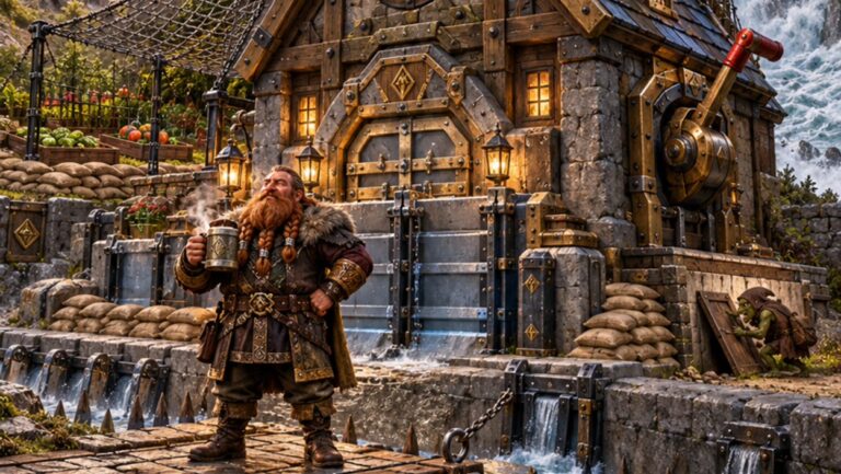 Absurd-fotorealistische Fantasy-Szene im Hochformat: Ein massiv gesichertes Zwergenhaus steht mitten im völligen Ausnahmezustand. Auf dem Dach sitzen Sprinkler, Blitzableiter und weitere Schutzvorrichtungen, vor den Fenstern und Türen sind schwere Schotten und Absperrungen angebracht.