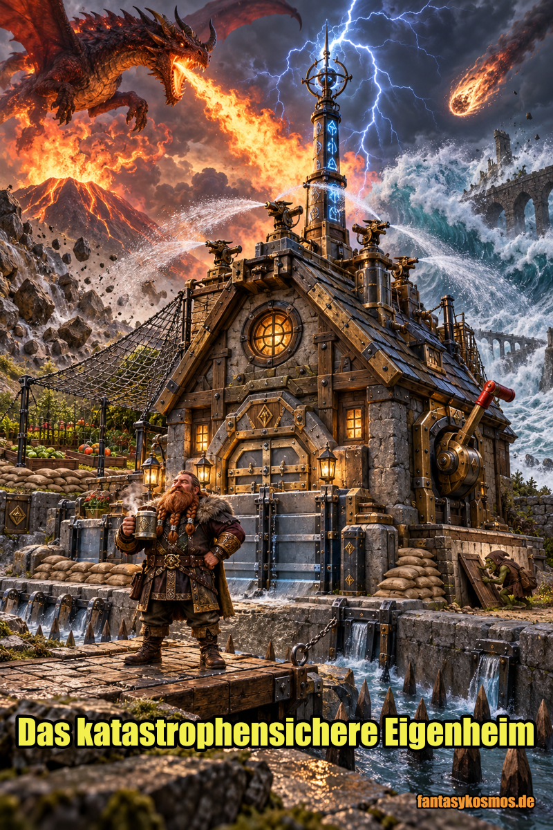Absurd-fotorealistische Fantasy-Szene im Hochformat: Ein massiv gesichertes Zwergenhaus steht mitten im völligen Ausnahmezustand. Auf dem Dach sitzen Sprinkler, Blitzableiter und weitere Schutzvorrichtungen, vor den Fenstern und Türen sind schwere Schotten und Absperrungen angebracht. Im Hintergrund greifen gleichzeitig mehrere Katastrophen an: Ein Drache fliegt heran, Blitze schlagen ein, ein Vulkan speit Feuer, eine Flutwelle rollt an und ein Meteor fällt vom Himmel. Vor dem Haus steht ein völlig entspannter Zwerg mit Kaffeebecher. Im Hintergrund versucht ein kleiner Goblin unauffällig, an die Kellertür zu gelangen.