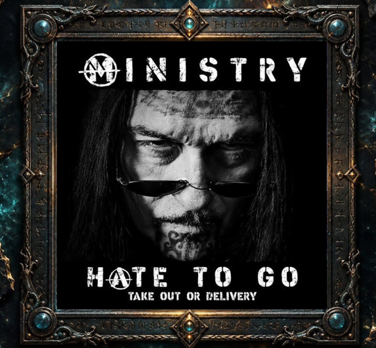 Cover von Ministry – Hate to Go (Take Out or Delivery): Schwarzweißes Nahporträt von Al Jourgensen mit langen Haaren und dunkler Sonnenbrille. Er blickt ernst und finster nach vorn. Oben steht der Bandname Ministry, unten der Albumtitel.