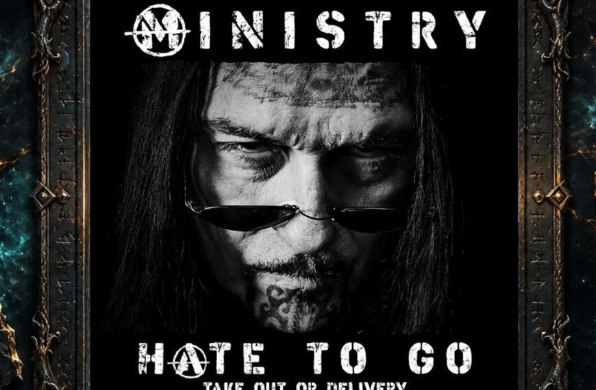 Cover von Ministry – Hate to Go (Take Out or Delivery): Schwarzweißes Nahporträt von Al Jourgensen mit langen Haaren und dunkler Sonnenbrille. Er blickt ernst und finster nach vorn. Oben steht der Bandname Ministry, unten der Albumtitel.