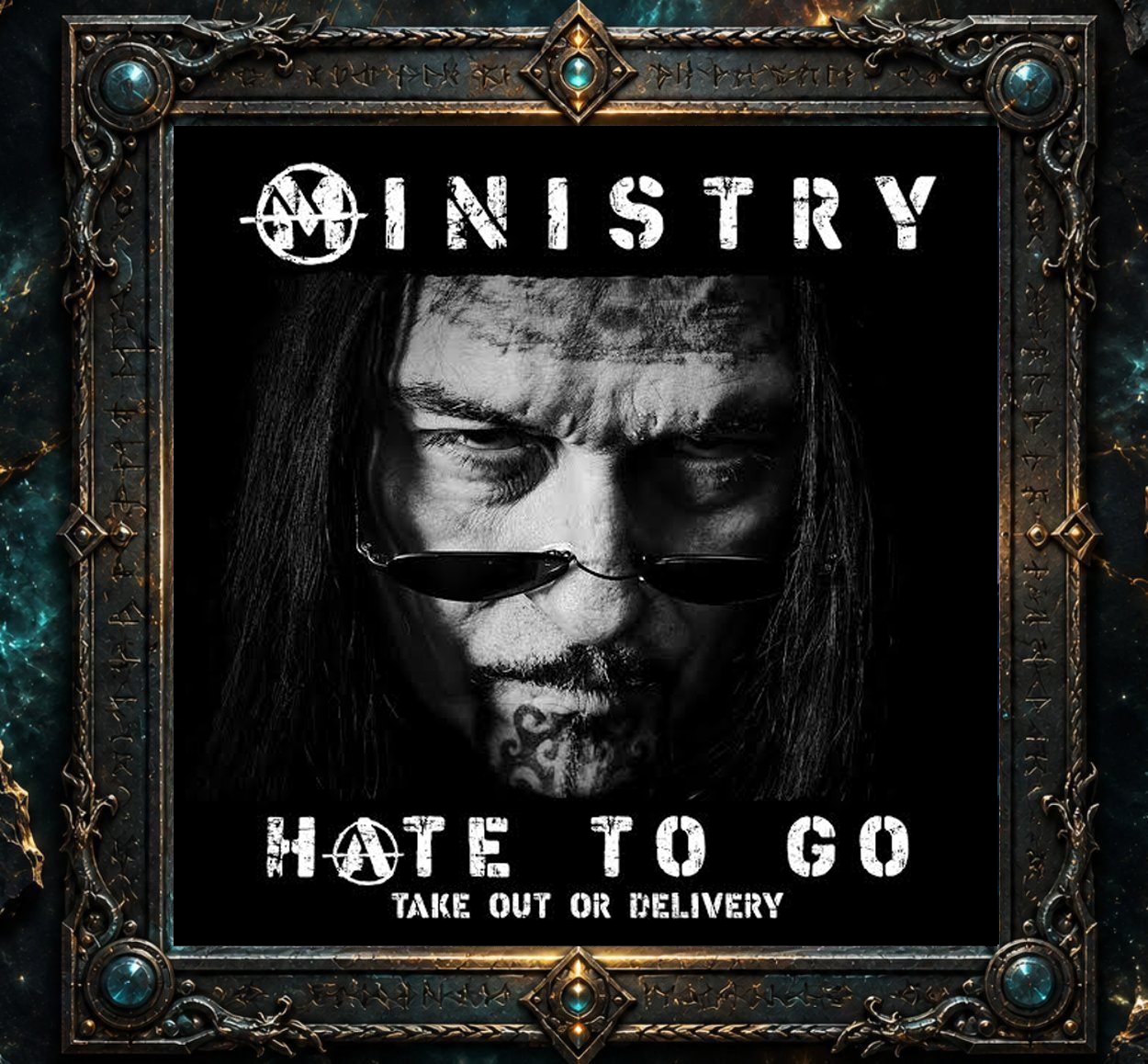 CCover von Ministry – Hate to Go (Take Out or Delivery): Schwarzweißes Nahporträt von Al Jourgensen mit langen Haaren und dunkler Sonnenbrille. Er blickt ernst und finster nach vorn. Oben steht der Bandname Ministry, unten der Albumtitel.