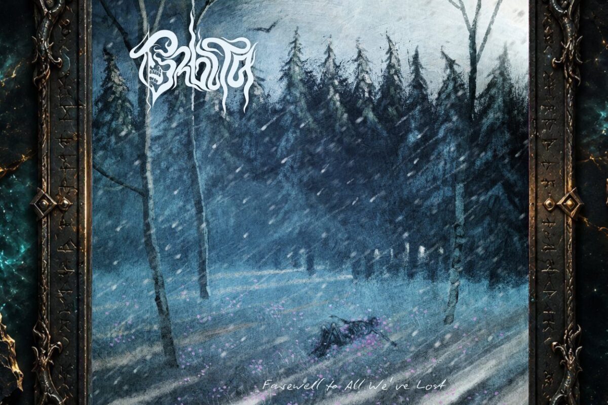 Cover von Orbita – Farewell to All We’ve Lost mit verschneitem, blau-grauem Wald, kahlen Birken und dunklen Tannen. Im Vordergrund liegt ein dunkler Körper halb im Boden, umgeben von kleinen violett-pinken Blumen. Oben links steht das weiße Orbita-Logo, unten der handschriftliche Albumtitel.