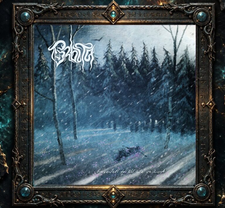 Cover von Orbita – Farewell to All We’ve Lost mit verschneitem, blau-grauem Wald, kahlen Birken und dunklen Tannen. Im Vordergrund liegt ein dunkler Körper halb im Boden, umgeben von kleinen violett-pinken Blumen. Oben links steht das weiße Orbita-Logo, unten der handschriftliche Albumtitel.