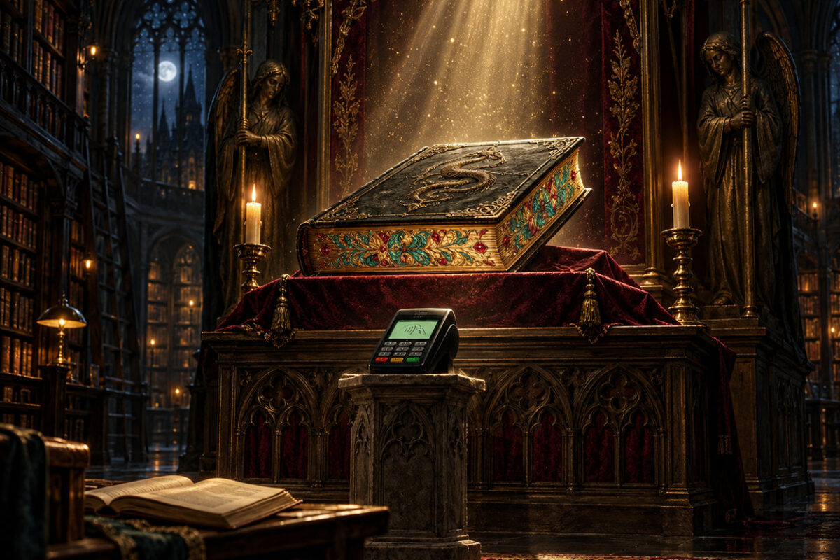 Satirische Dark-Fantasy-Illustration einer gotischen Buchhandlung: Ein prachtvolles Fantasybuch mit goldenem Farbschnitt liegt im Lichtstrahl auf einem Altar. Davor steht ein modernes Kartenlesegerät, während links ein aufgeschlagenes Buch im Schatten liegt.