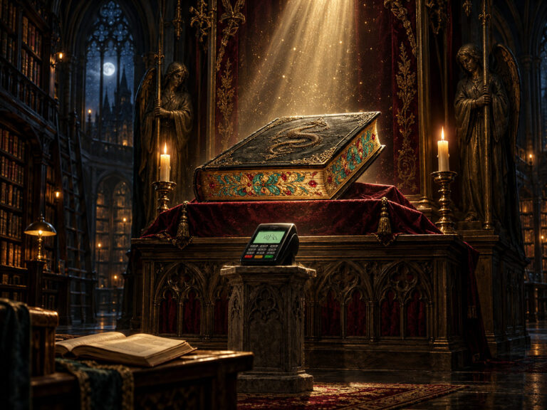 Satirische Dark-Fantasy-Illustration einer gotischen Buchhandlung: Ein prachtvolles Fantasybuch mit goldenem Farbschnitt liegt im Lichtstrahl auf einem Altar. Davor steht ein modernes Kartenlesegerät, während links ein aufgeschlagenes Buch im Schatten liegt.