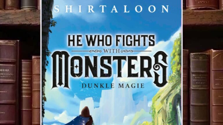 Cover der deutschen Ausgabe von He Who Fights With Monsters – Dunkle Magie mit einer vermummten Figur vor einer hellen fantastischen Stadtlandschaft; ein tiefblauer, sternenübersäter Umhang zieht sich über die linke Bildseite, während grüne Ruinen und ein strahlend blauer Himmel den Hintergrund bilden.