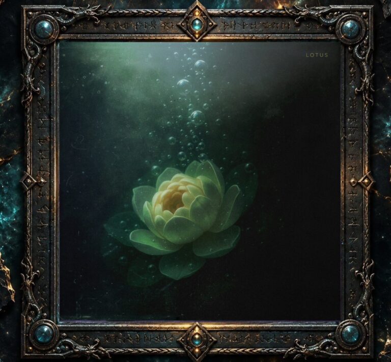 Cover von Sidus – Lotus mit einer hellen Lotusblüte unter dunklem grünlichem Wasser. Über der Blume steigen Luftblasen zur Oberfläche, während von links oben ein diffuser Lichtschein in die ansonsten fast schwarze Tiefe fällt.