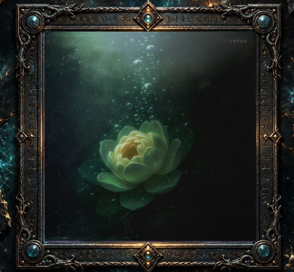 Cover von Sidus – Lotus mit einer hellen Lotusblüte unter dunklem grünlichem Wasser. Über der Blume steigen Luftblasen zur Oberfläche, während von links oben ein diffuser Lichtschein in die ansonsten fast schwarze Tiefe fällt.