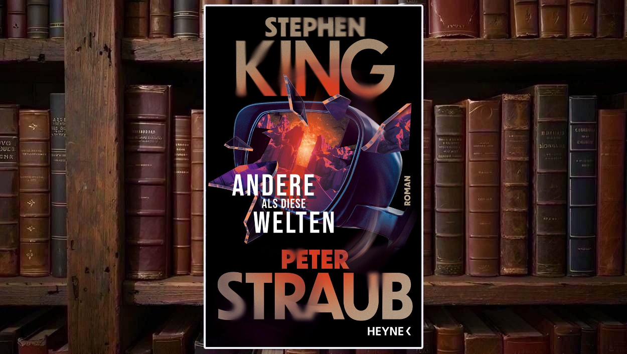 Cover von Stephen Kings und Peter Straubs Andere als diese Welten auf schwarzem Hintergrund mit groß gesetzten Autorennamen; im Zentrum schwebt eine zerbrochene dunkle Spiegelfläche, in deren orange und violett leuchtenden Fragmenten eine fremdartige felsige Welt sichtbar wird.