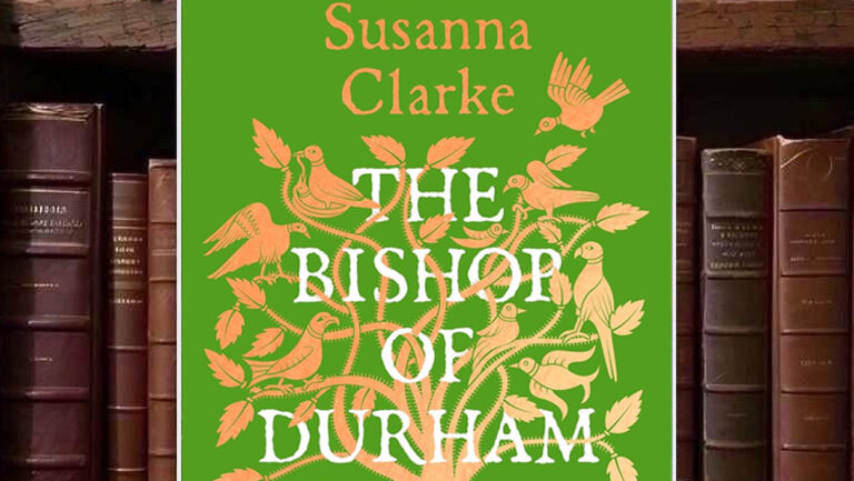 Grünes Cover von Susanna Clarkes The Bishop of Durham Attempts to Surrender the City mit einem stilisierten orangefarbenen Baum voller Vögel und großer weißer Titelschrift.