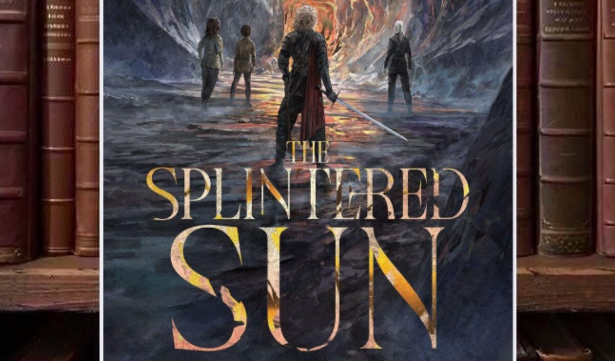 Cover von Tad Williams’ The Splintered Sun mit vier Figuren in einer dunklen felsigen Höhle; im Zentrum steht ein Schwertkämpfer vor einem leuchtenden orangefarbenen Felstunnel, während drei weitere Gestalten im Hintergrund auf die Öffnung blicken.