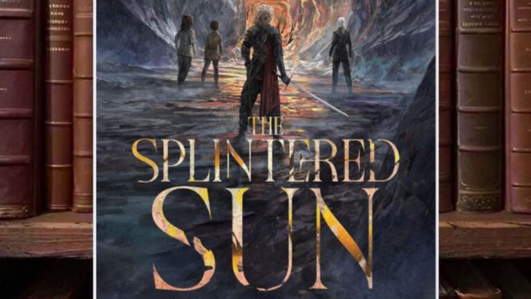 Cover von Tad Williams’ The Splintered Sun mit vier Figuren in einer dunklen felsigen Höhle; im Zentrum steht ein Schwertkämpfer vor einem leuchtenden orangefarbenen Felstunnel, während drei weitere Gestalten im Hintergrund auf die Öffnung blicken.
