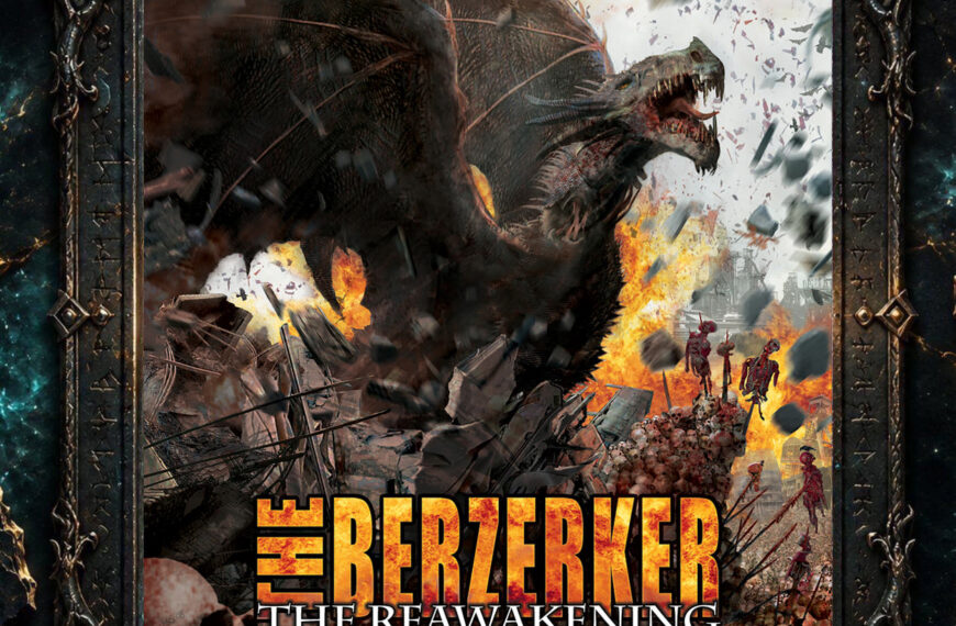Cover von The Berzerker – The Reawakening: Ein riesiger, geflügelter schwarzer Drache brüllt über einer brennenden Ruinenlandschaft. Im Vordergrund liegen Schädel und Trümmer, während Flammen und Rauch aufsteigen.