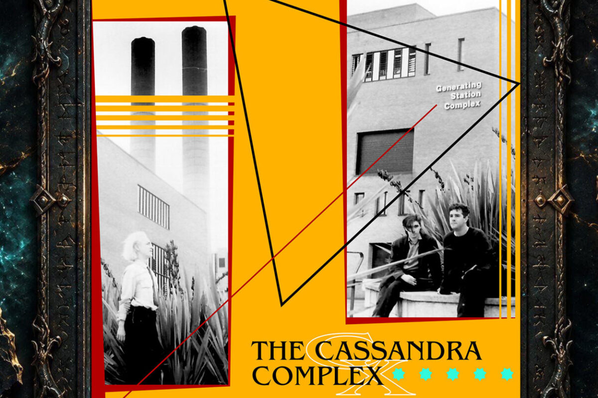 Cover von The Cassandra Complex – Generating Station Complex: Gelboranger Hintergrund mit schwarzen und roten geometrischen Linien, Schwarzweißfotografien von Industriegebäuden und Musikern sowie großem weißem X unter dem Bandnamen.