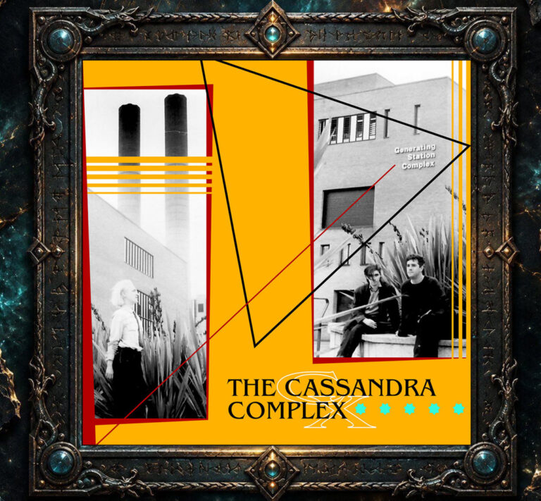 Cover von The Cassandra Complex – Generating Station Complex: Gelboranger Hintergrund mit schwarzen und roten geometrischen Linien, Schwarzweißfotografien von Industriegebäuden und Musikern sowie großem weißem X unter dem Bandnamen.