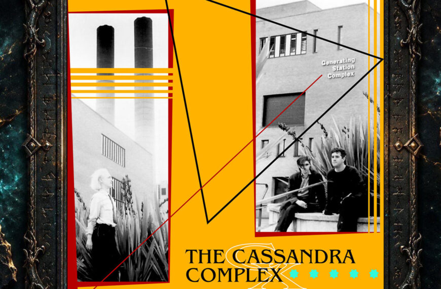 Cover von The Cassandra Complex – Generating Station Complex: Gelboranger Hintergrund mit schwarzen und roten geometrischen Linien, Schwarzweißfotografien von Industriegebäuden und Musikern sowie großem weißem X unter dem Bandnamen.