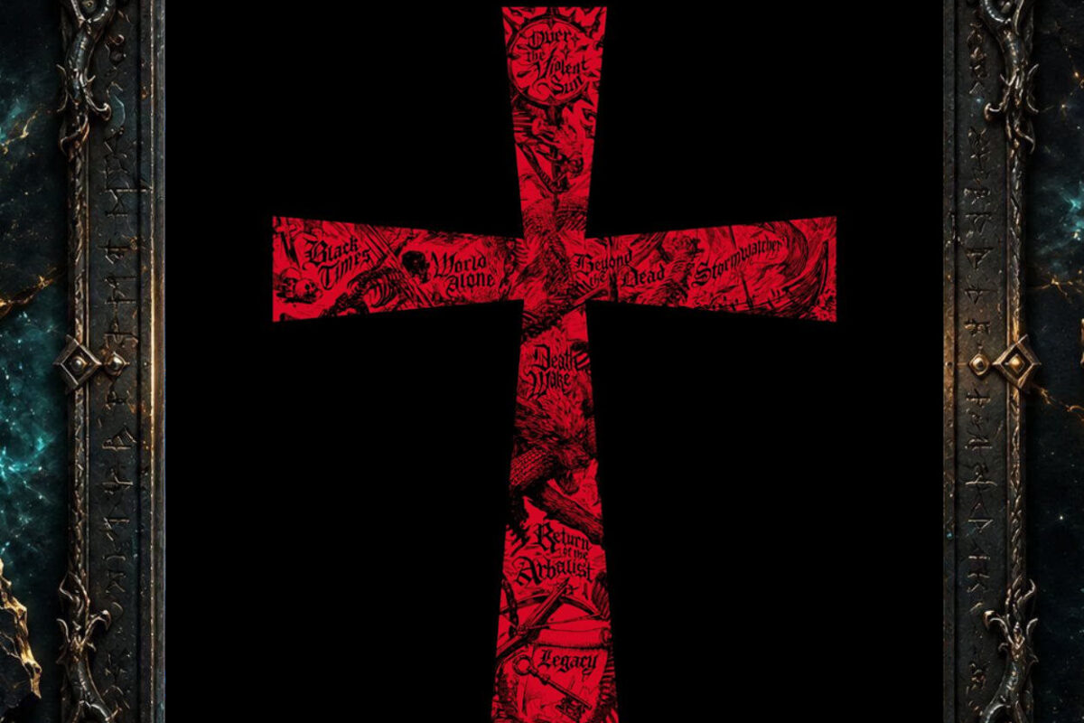 Cover beziehungsweise zentrales Artwork zu Tony Iommi – From The Dark: Ein rotes, stilisiertes Kreuz mit dunklen, illustrativen Details und eingearbeiteten Songtiteln steht auf schwarzem Hintergrund. Das Motiv wirkt sakral, düster und klar mit Tony Iommis Bildsprache verbunden.