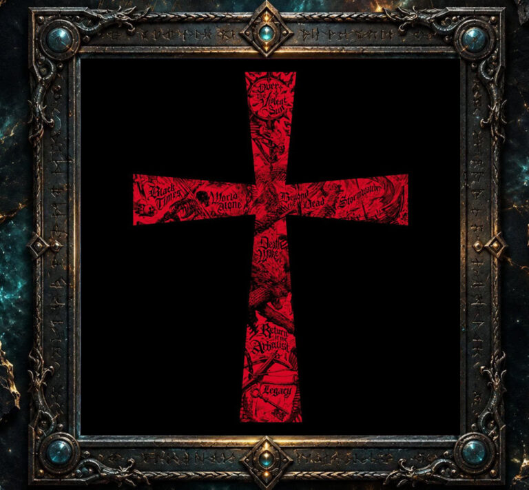 Cover beziehungsweise zentrales Artwork zu Tony Iommi – From The Dark: Ein rotes, stilisiertes Kreuz mit dunklen, illustrativen Details und eingearbeiteten Songtiteln steht auf schwarzem Hintergrund. Das Motiv wirkt sakral, düster und klar mit Tony Iommis Bildsprache verbunden.
