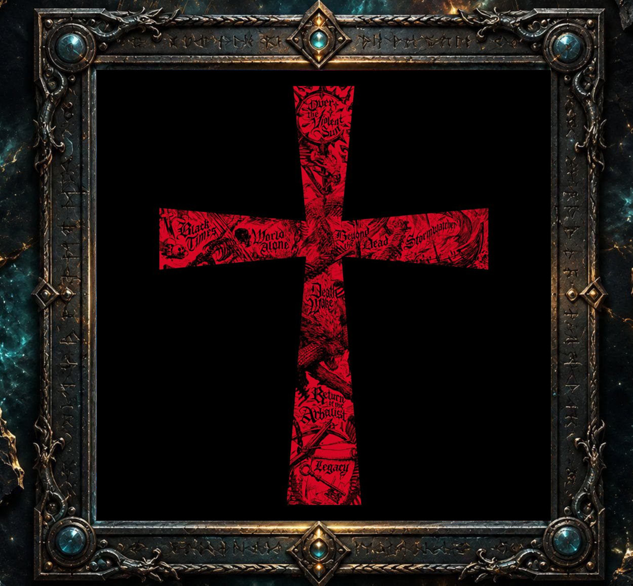 Cover beziehungsweise zentrales Artwork zu Tony Iommi – From The Dark: Ein rotes, stilisiertes Kreuz mit dunklen, illustrativen Details und eingearbeiteten Songtiteln steht auf schwarzem Hintergrund. Das Motiv wirkt sakral, düster und klar mit Tony Iommis Bildsprache verbunden.