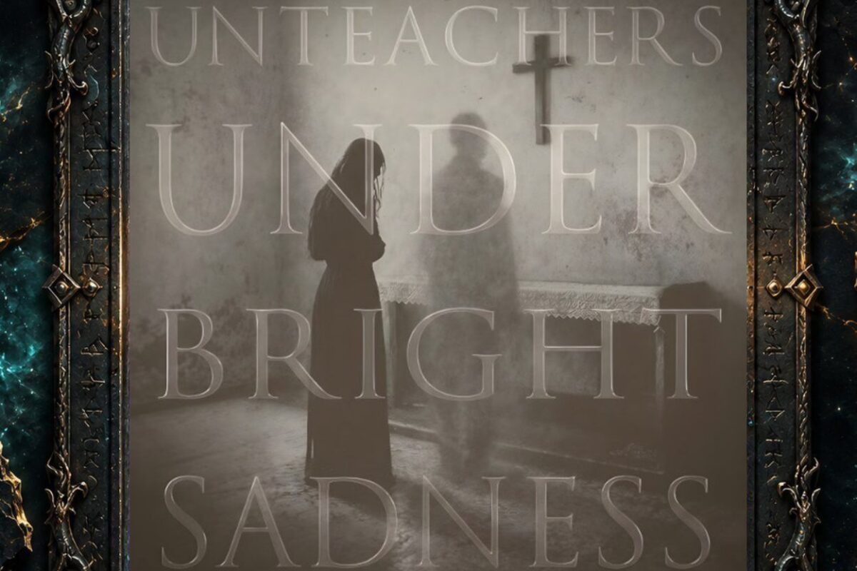 Cover von Unteachers – Under Bright Sadness mit einer dunkel gekleideten Gestalt in einem kargen grauen Raum, langgezogenen Schatten weiterer Figuren, einem Kreuz an der Wand und einem hell bedeckten Tisch oder Altar. Über der gesamten Szene liegt der große, blass-transparente Albumtitel.