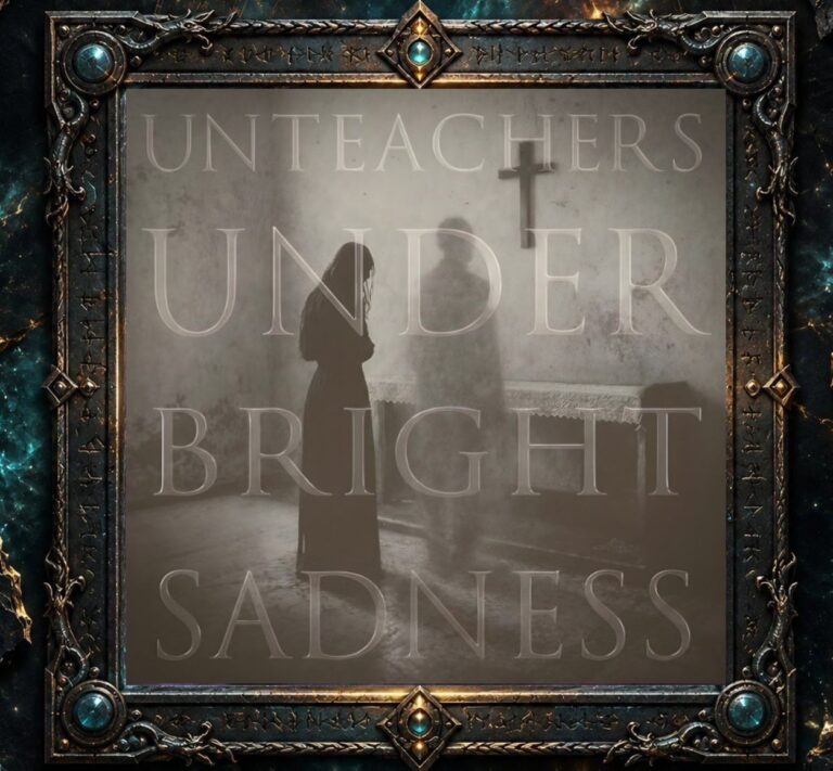 Cover von Unteachers – Under Bright Sadness mit einer dunkel gekleideten Gestalt in einem kargen grauen Raum, langgezogenen Schatten weiterer Figuren, einem Kreuz an der Wand und einem hell bedeckten Tisch oder Altar. Über der gesamten Szene liegt der große, blass-transparente Albumtitel.