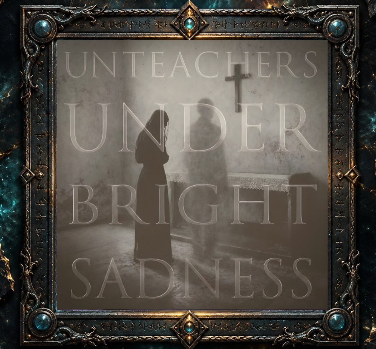Cover von Unteachers – Under Bright Sadness mit einer dunkel gekleideten Gestalt in einem kargen grauen Raum, langgezogenen Schatten weiterer Figuren, einem Kreuz an der Wand und einem hell bedeckten Tisch oder Altar. Über der gesamten Szene liegt der große, blass-transparente Albumtitel.