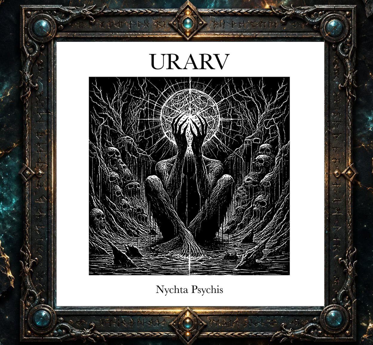 Cover von Urarv – Nychta Psychis. Eine düstere Schwarzweißillustration zeigt eine gesichtslose, hagere Gestalt, die sich inmitten abgestorbener Bäume, verschlungener Wurzeln und schädelartiger Figuren erhebt. Über ihrem Kopf leuchtet ein geometrisch verzierter Kreis. Das Motiv wird von einem breiten weißen Rahmen eingefasst, über der Illustration steht der Bandname, darunter der Albumtitel.