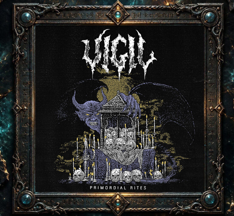 Albumcover von VIGIL – Primordial Rites: Ein violetter, gehörnter Dämon mit großen dunklen Flügeln steht hinter einem altarartigen Aufbau voller Totenschädel. Zahlreiche Kerzen umgeben den Altar vor schwarzem und gelbem Hintergrund. Darüber steht das weiße VIGIL-Logo.