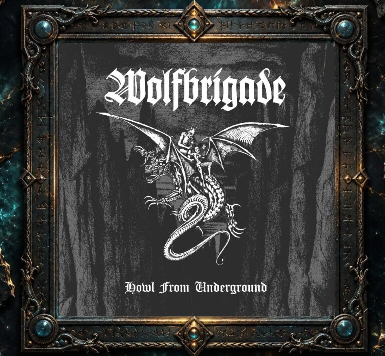 Schwarz-weißes Cover von Wolfbrigade – Howl From Underground mit einem geflügelten, drachenartigen Skelettwesen vor einem düsteren, grobkörnigen Untergrund. Auf dem Wesen sitzen mehrere menschliche Figuren. Oben steht groß das weiße Bandlogo, unten der Albumtitel.