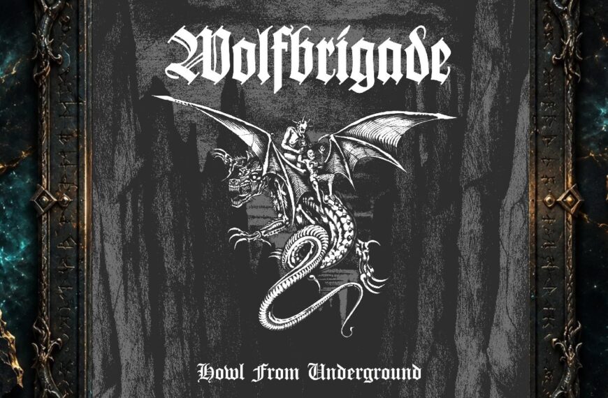 Schwarz-weißes Cover von Wolfbrigade – Howl From Underground mit einem geflügelten, drachenartigen Skelettwesen vor einem düsteren, grobkörnigen Untergrund. Auf dem Wesen sitzen mehrere menschliche Figuren. Oben steht groß das weiße Bandlogo, unten der Albumtitel.