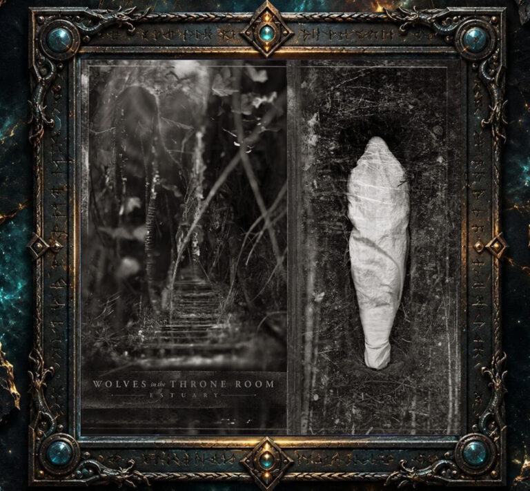 Albumcover von Wolves in the Throne Room – Estuary. Zweigeteiltes Schwarzweißmotiv im Stil alter, beschädigter Fotografien: Links führt eine überwucherte Treppe durch dunkles Gestrüpp zu einer schattenhaften Gestalt. Rechts liegt ein weißer, kokonartiger Körper auf dunklem, erdigem Untergrund. Der Bandname und der Albumtitel befinden sich am unteren Rand der linken Bildhälfte.