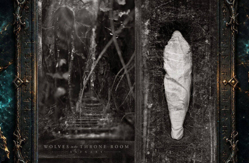 Albumcover von Wolves in the Throne Room – Estuary. Zweigeteiltes Schwarzweißmotiv im Stil alter, beschädigter Fotografien: Links führt eine überwucherte Treppe durch dunkles Gestrüpp zu einer schattenhaften Gestalt. Rechts liegt ein weißer, kokonartiger Körper auf dunklem, erdigem Untergrund. Der Bandname und der Albumtitel befinden sich am unteren Rand der linken Bildhälfte.