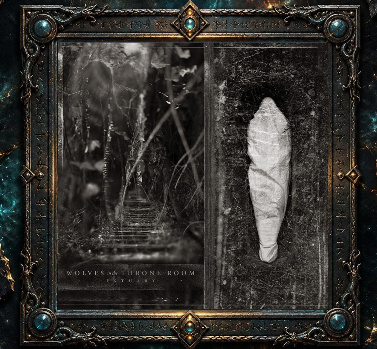 Albumcover von Wolves in the Throne Room – Estuary. Zweigeteiltes Schwarzweißmotiv im Stil alter, beschädigter Fotografien: Links führt eine überwucherte Treppe durch dunkles Gestrüpp zu einer schattenhaften Gestalt. Rechts liegt ein weißer, kokonartiger Körper auf dunklem, erdigem Untergrund. Der Bandname und der Albumtitel befinden sich am unteren Rand der linken Bildhälfte.