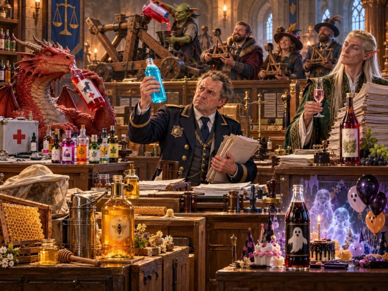 Ein Finanzbeamter prüft in einem fantastischen Amt eine blaue Getränkeflasche. Um ihn herum stehen ein Drache mit Heiltrank, Goblins mit Katapult und roter Flüssigkeit, ein Elf mit Wein sowie Honig, Zaubertränke und eine dunkle Geister-Cola.
