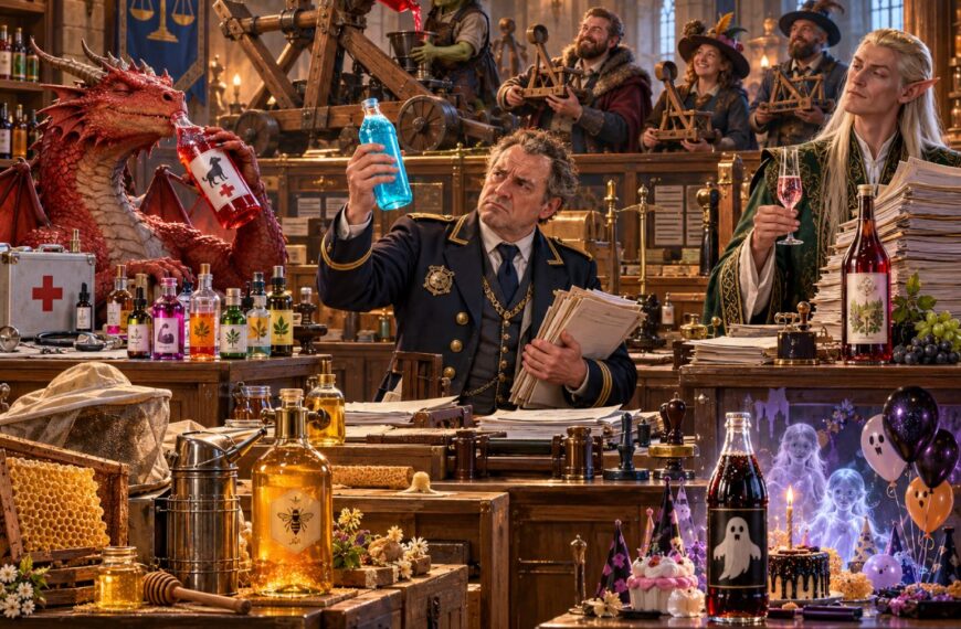Ein Finanzbeamter prüft in einem fantastischen Amt eine blaue Getränkeflasche. Um ihn herum stehen ein Drache mit Heiltrank, Goblins mit Katapult und roter Flüssigkeit, ein Elf mit Wein sowie Honig, Zaubertränke und eine dunkle Geister-Cola.