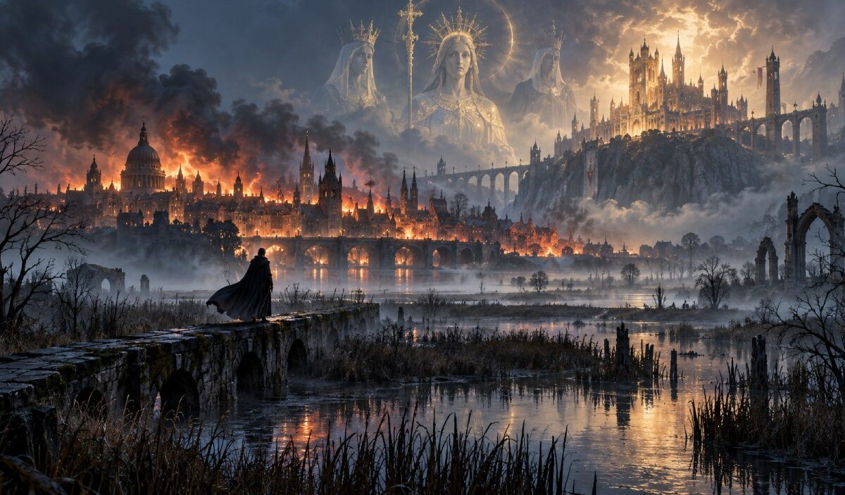Eine düstere Fantasylandschaft mit brennendem London, nebligen Marschen und einer monumentalen Burg, über der drei geisterhafte gekrönte Frauen erscheinen.