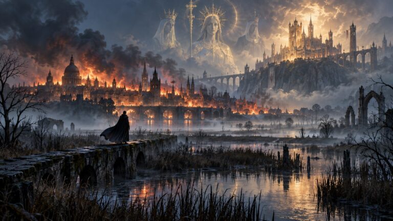 Eine düstere Fantasylandschaft mit brennendem London, nebligen Marschen und einer monumentalen Burg, über der drei geisterhafte gekrönte Frauen erscheinen.