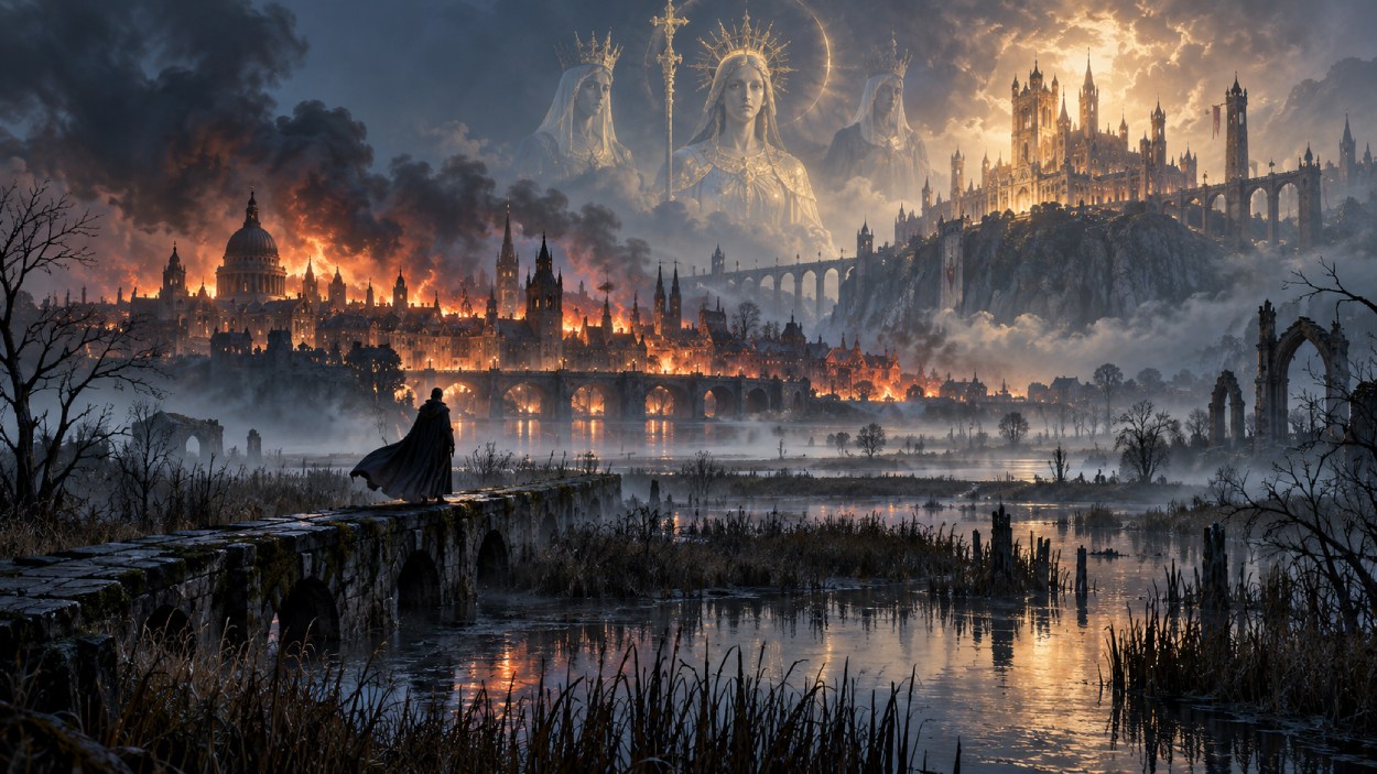 Eine düstere Fantasylandschaft mit brennendem London, nebligen Marschen und einer monumentalen Burg, über der drei geisterhafte gekrönte Frauen erscheinen.