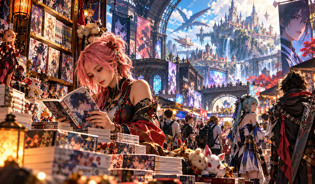 Farbenprächtige Fantasy-Convention mit einer rosahaarigen Manga-Leserin, zahlreichen Cosplayern, Manga-Regalen und Anime-Sammelfiguren. Im Hintergrund erhebt sich ein gewaltiges Fantasy-Schloss mit Wasserfällen und fliegenden Drachen.