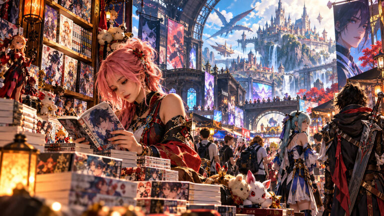 Farbenprächtige Fantasy-Convention mit einer rosahaarigen Manga-Leserin, zahlreichen Cosplayern, Manga-Regalen und Anime-Sammelfiguren. Im Hintergrund erhebt sich ein gewaltiges Fantasy-Schloss mit Wasserfällen und fliegenden Drachen.